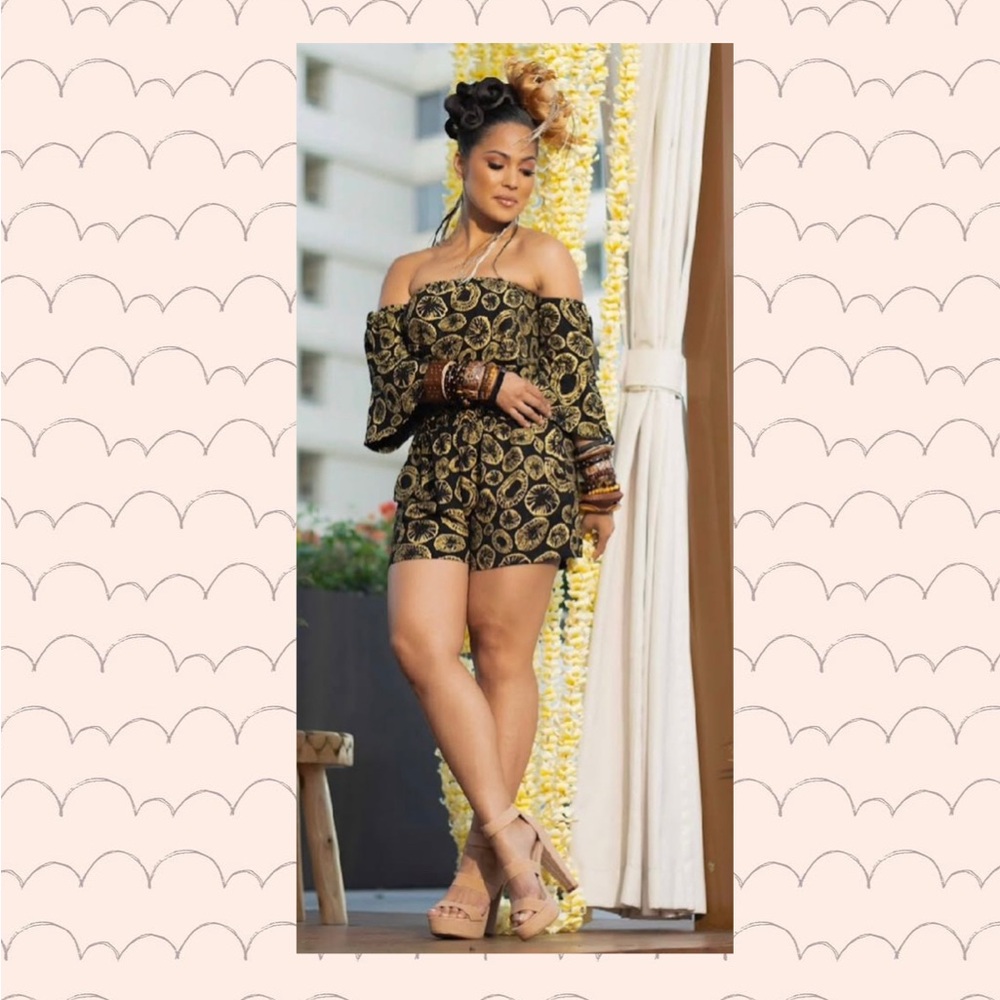 Kaulua’e Off-Shoulder Black and Gold Romper